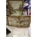 Four late 20th century oil on canvas paintings, three winter landscapes and one similar painted from