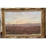 Colin W Burns (born 1944), Large Oil Painting on Canvas depicting Grouse flying over Moors, signed