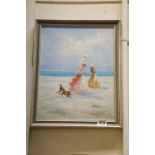 Oil on board, Victorian ladies walking dog on beach, signed Karlson