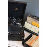 Early to Mid 20th century HMV portable wind up record player together two Linguaphone Language