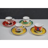 Four Clarice Cliff ltd edition Cafe Chic Wedgwood coffee cans and saucers, Autumn, Secrets, Windmill