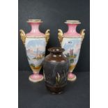 Pair of Late 19th / Early 20th century Ceramic Vases decorated with Landscape Scenes, 39cms high