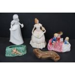A collection of mixed ceramics to include Royal Doulton figures and Sylvac Pixie vase.