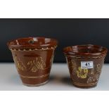 Two Pottery Slipware decorated Plant Pots, tallest 16cms high
