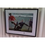 A framed and glazed signed photographic image of George Best of Manchester Utd and other