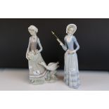 Two Lladro Figurines including Girl with Geese, 31cms high and a Lady with Parasol (a/f)
