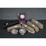 A box of mixed collectables to include a selection of hallmarked silver topped brushes and a lacquer