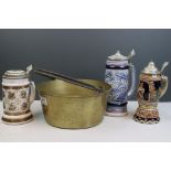 Original BMF Bierseidel Stein tankard, two other Stein tankards & a heavy brass & iron handle jam