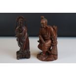 Carved wood Chinese figure of a bearded man & one other