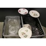 A large collection of vintage glass and ceramic cake plates and cake stands.