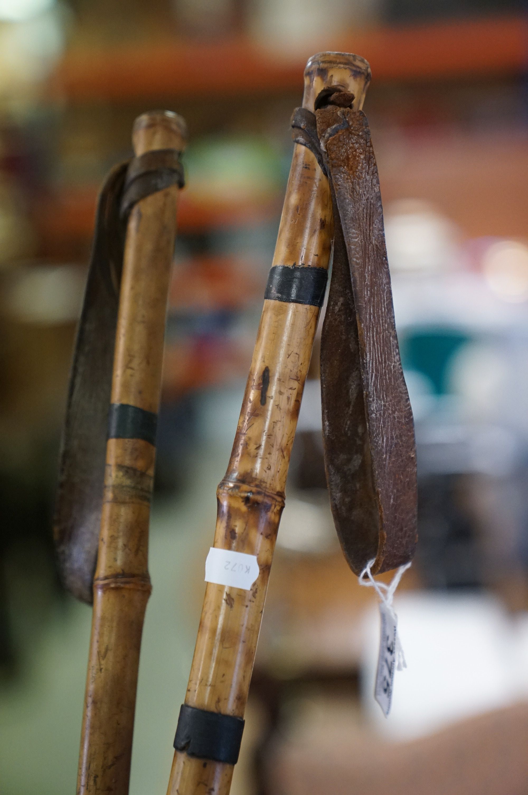 A pair of vintage cane Ski poles together with a wooden handled pick. - Image 3 of 9