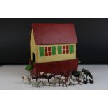 Mid 20th century Wooden Painted Noah's Ark, 22cms long with a collection of Lead Animals