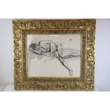 Contemporary charcoal and wash of a recumbent naked lady, 49cms x 39cms, gilt framed