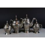 Indian Silver Plated Four Piece Tea Service, the spouts in the form of a stylised bird, water jug