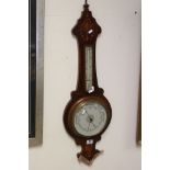 Early 20th century Mahogany Inlaid Aneroid Barometer / Thermometer