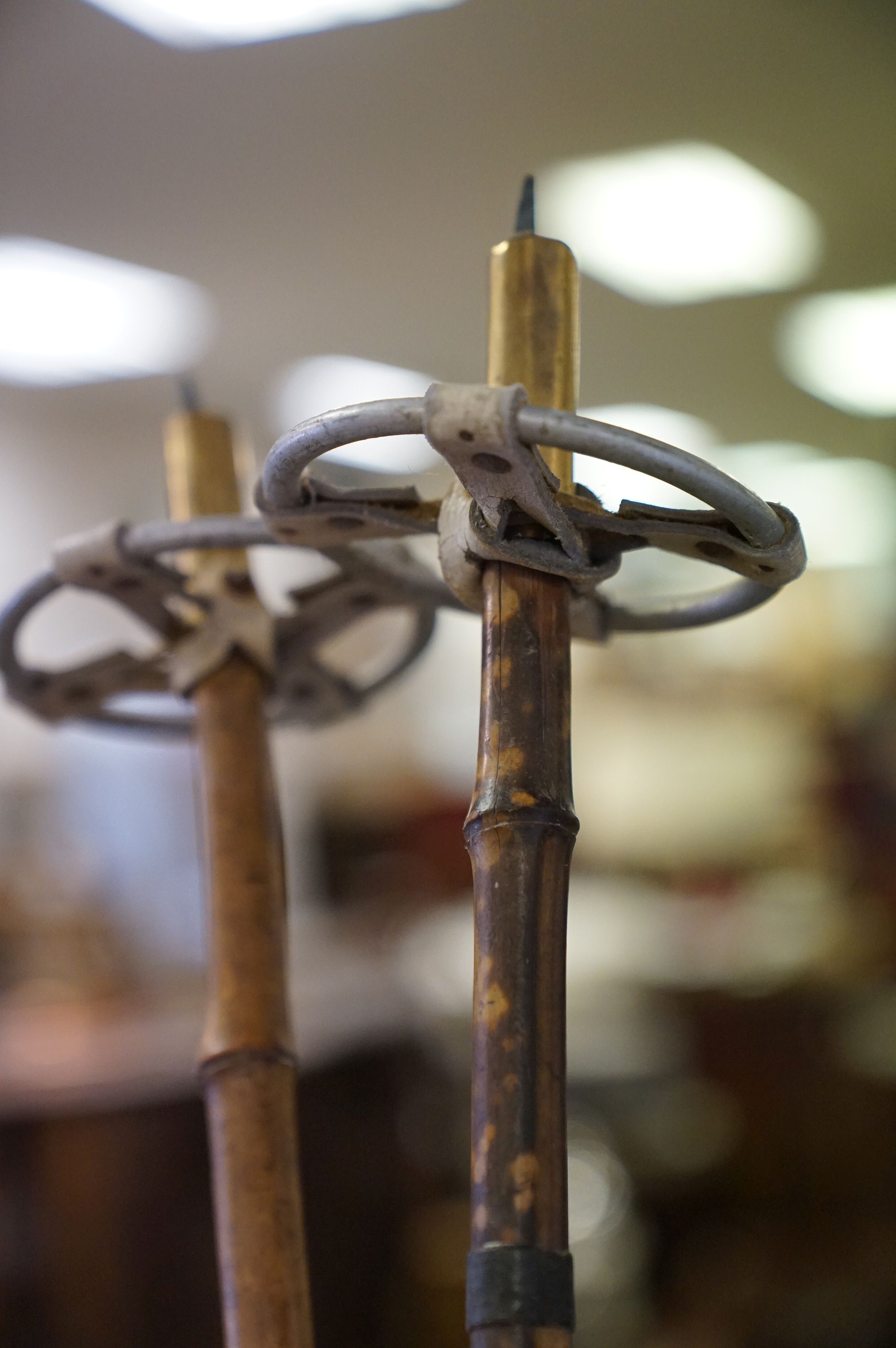 A pair of vintage cane Ski poles together with a wooden handled pick. - Image 4 of 9