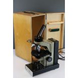 Mid 20th century Vickers electronic microscope complete with wooden storage case.