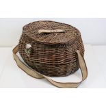 Large French wicker fishing creel with canvas strap