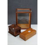 A vintage oak display cabinet with sliding top together with two wooden boxes.