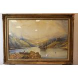 J Salmon, large 19th century watercolour, Highland Loch scene with boats and figures in 18th century