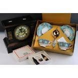 A box of mixed collectables to include a boxed Fortnum & Mason Tea for Two set, a slate clock and