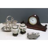 A box of mixed collectables to include Cloisonne jars, clock and silver plated egg cup set.