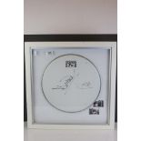 A framed and glazed mounted drum skin, signed by Dave Hill of Slade.