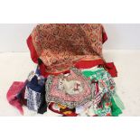 Mid 20th century Suitcase containing a quantity of Silk Head Scarves and Napkins plus other Fabrics