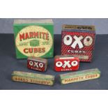 Three vintage Marmite cube tins together with three OXO cube tins.