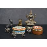 A box of mixed collectables to include two enamel boxes and a group of cast metal dog figures.