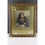 A 19th century framed and glazed watercolour of a man resting, smoking a pipe, probably a