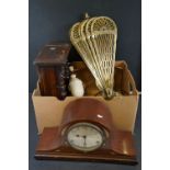 A box of mixed collectables to include clocks and a brass fire screen.