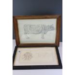 J D Dawson, pencil study of a bull & two pastels of a cow & horse, framed as two