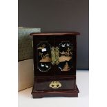 Boxed lacquered Chinese single drawer, double door jewellery box with cork & stork diorama behind