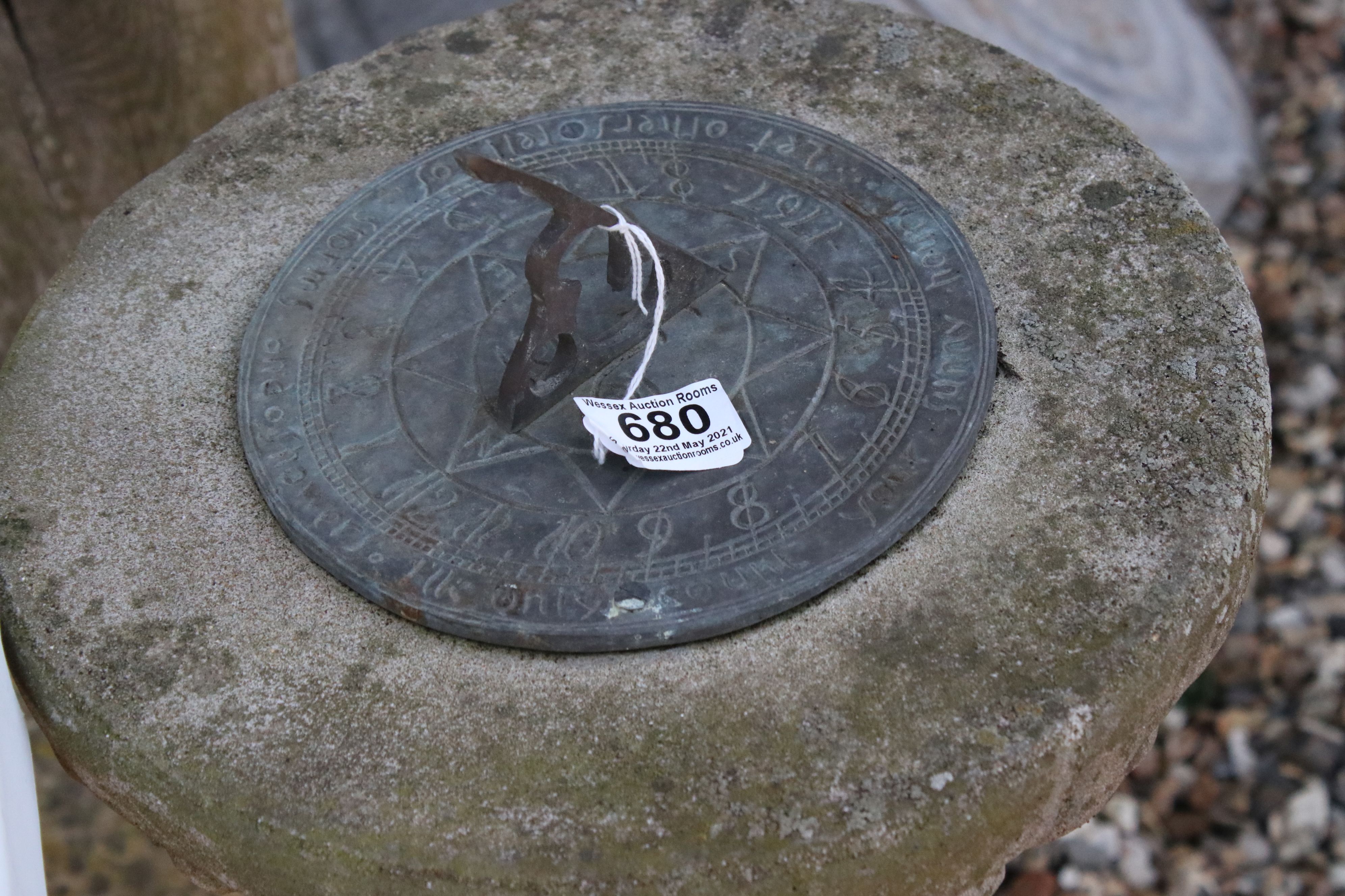 A vintage bronze sundial on stone plinth. - Image 2 of 3