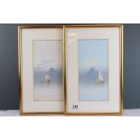 Frank Holmes, pair of framed and glazed gouache watercolour paintings, boats on a lake with