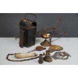 A box of mixed collectables to include a vintage brass shop counter bell and a signal lamp.