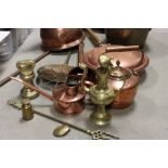 A box of mainly brass and copper ware to include teapot, watering can and hunting horn.