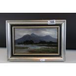 20th century oil on board possibly Irish rural river scene with hills to background unsigned label