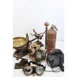 A box of mixed collectables to include vintage wrought iron kitchen scales and a Russian pilots