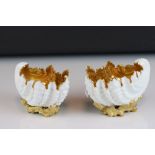 Pair of Coalport Dishes in the form of Shells, with Gold Painted Interiors and Bases, 12cms long