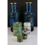 Pair of Cloisonné Vases on Wooden Stands, 27cms high together with Three Lidded Cloisonné Containers