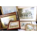 Six framed landscape paintings, oil and watercolours, to include village scene with church, river