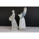Two Lladro Figurines - Girl holding Lamb, 29cms high and Girl holding Chicken and Basket (a/f),