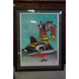 A framed and glazed signed print of a cartoon underwater scene with stylized sharks, 17/40 with