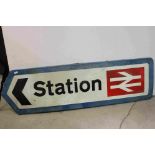 A late 20th century Metal British Rail ' Station ' Directional Sign, 1960's / 70's, approx 107cms