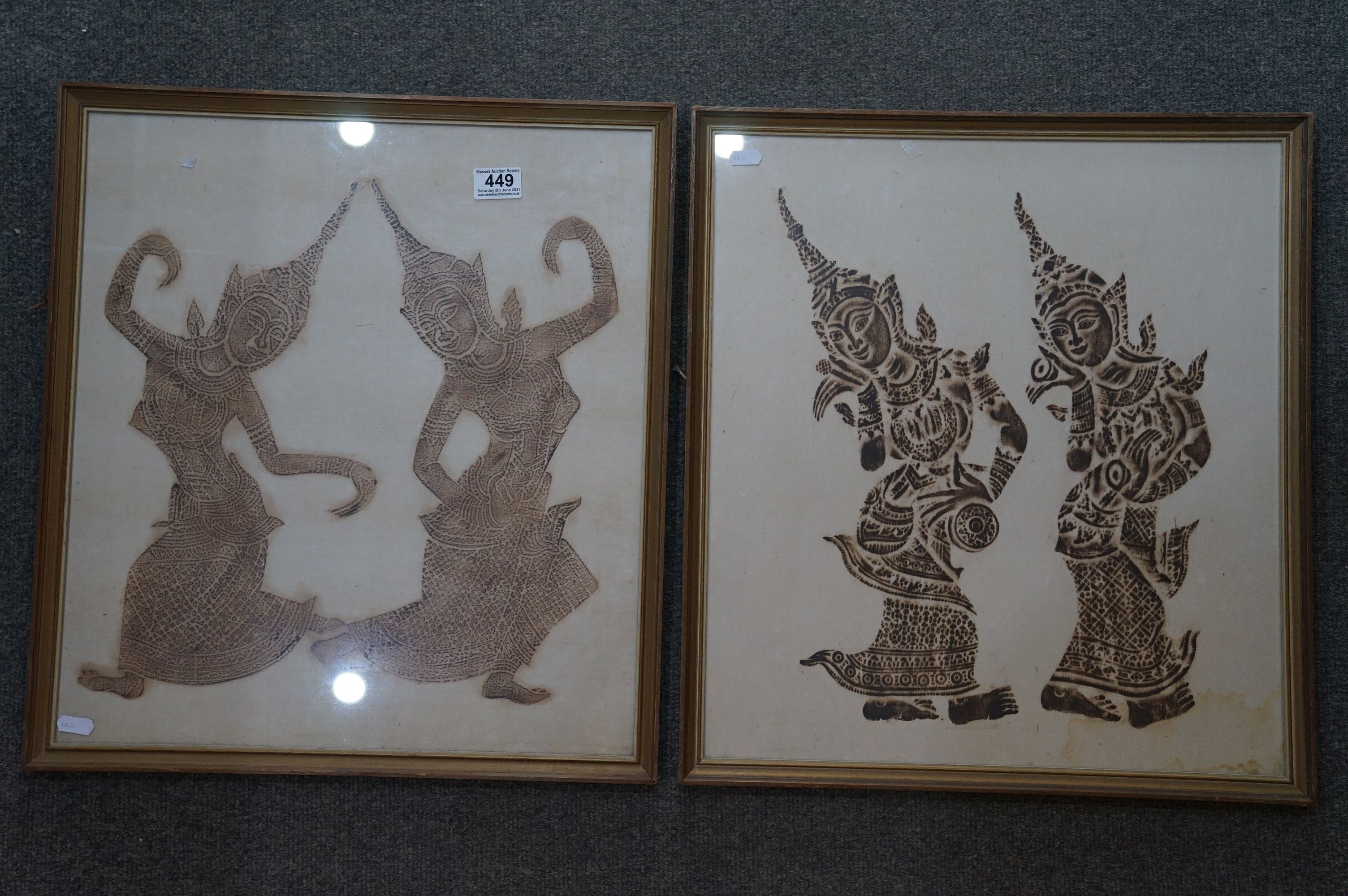 A pair of framed and glazed Asian Thai prints of dancing figures