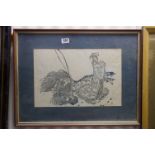 Framed oriental woodblock of a geisha and companion in a romantic scene