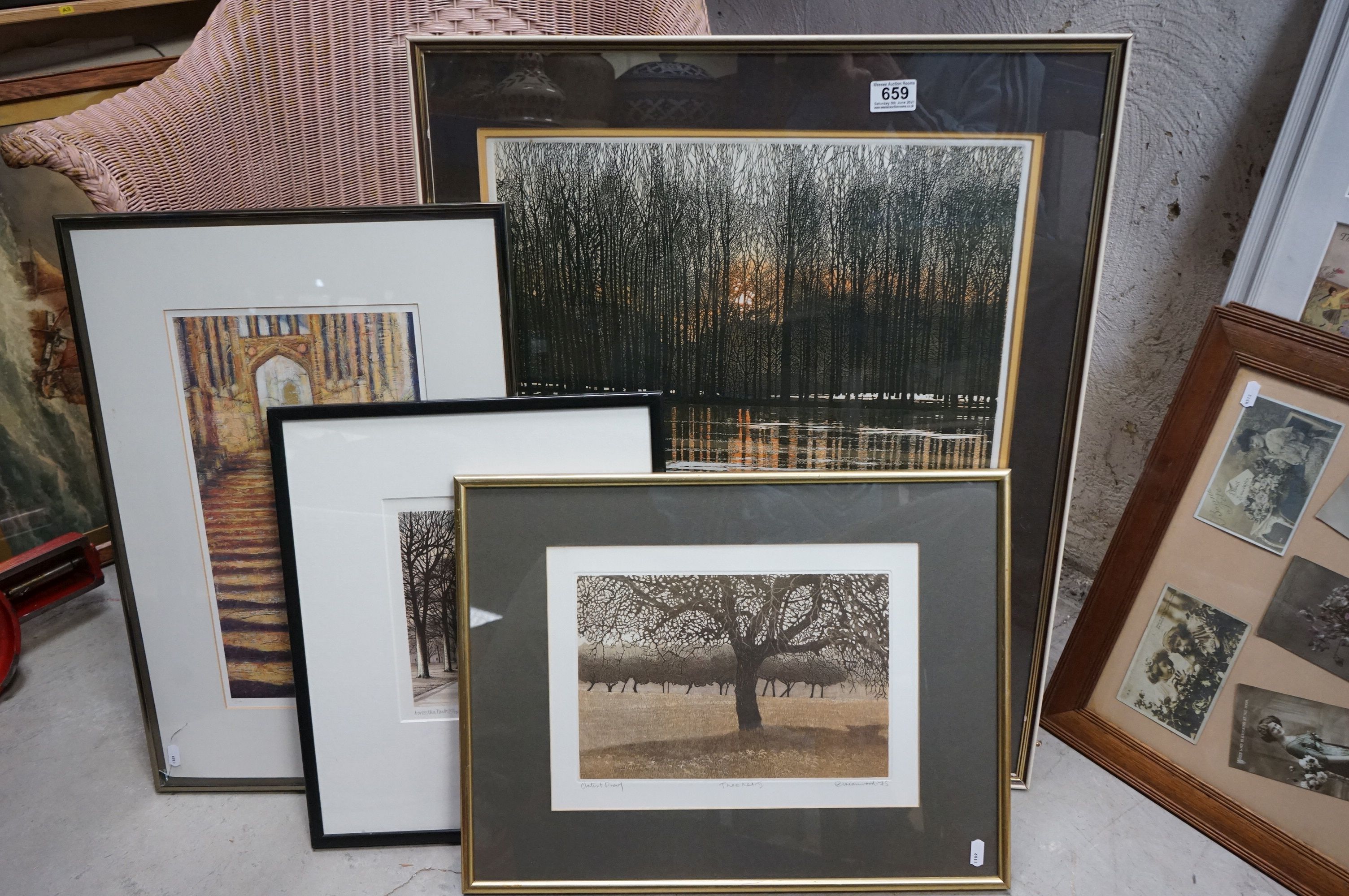 Two framed and glazed Phil Greenwood coloured engravings, Tree Net 11 & Water light, together with