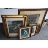A group of prints to include a framed and glazed image of kittens in a basket, similar Pears Print